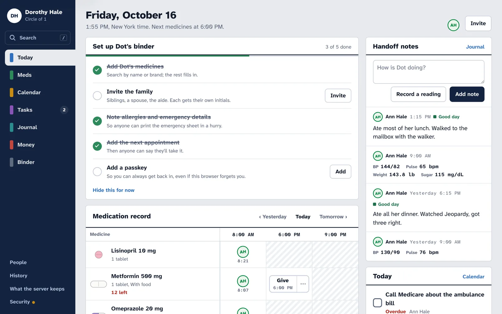 Care's Today page: the medication record with initials in each dose given, handoff notes and today's tasks